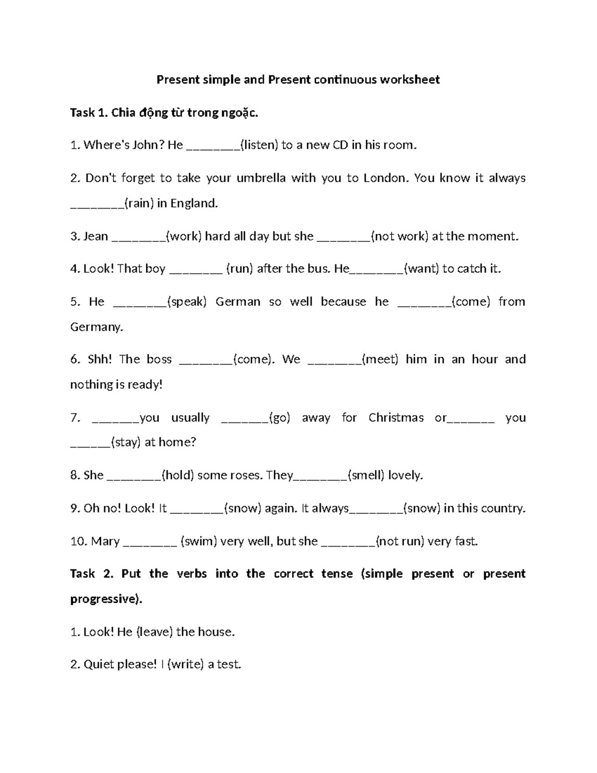 Present Simple & Continuous Worksheet - Task 1 to 9 - Studocu