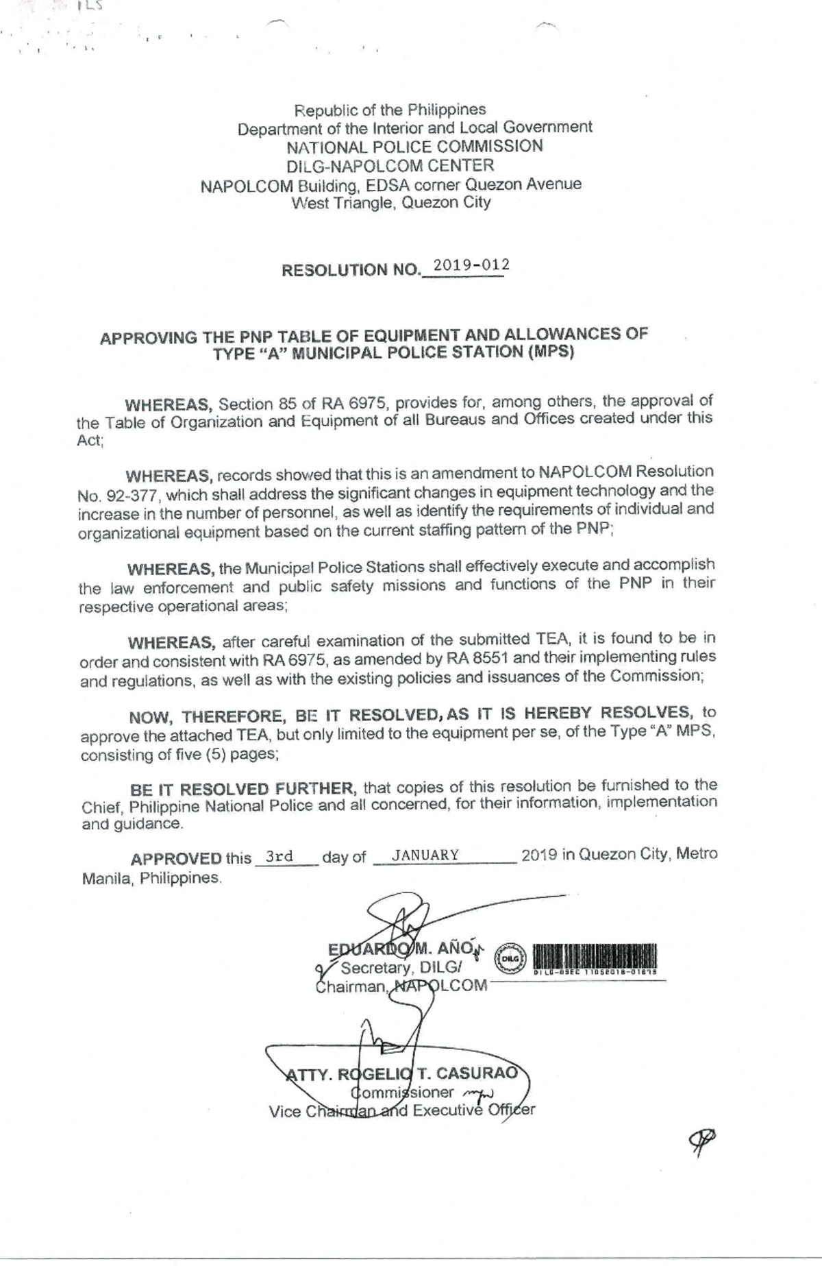 Resolution No. 219-012: PNP Equipment & Allowances for Type A MPS - Studocu