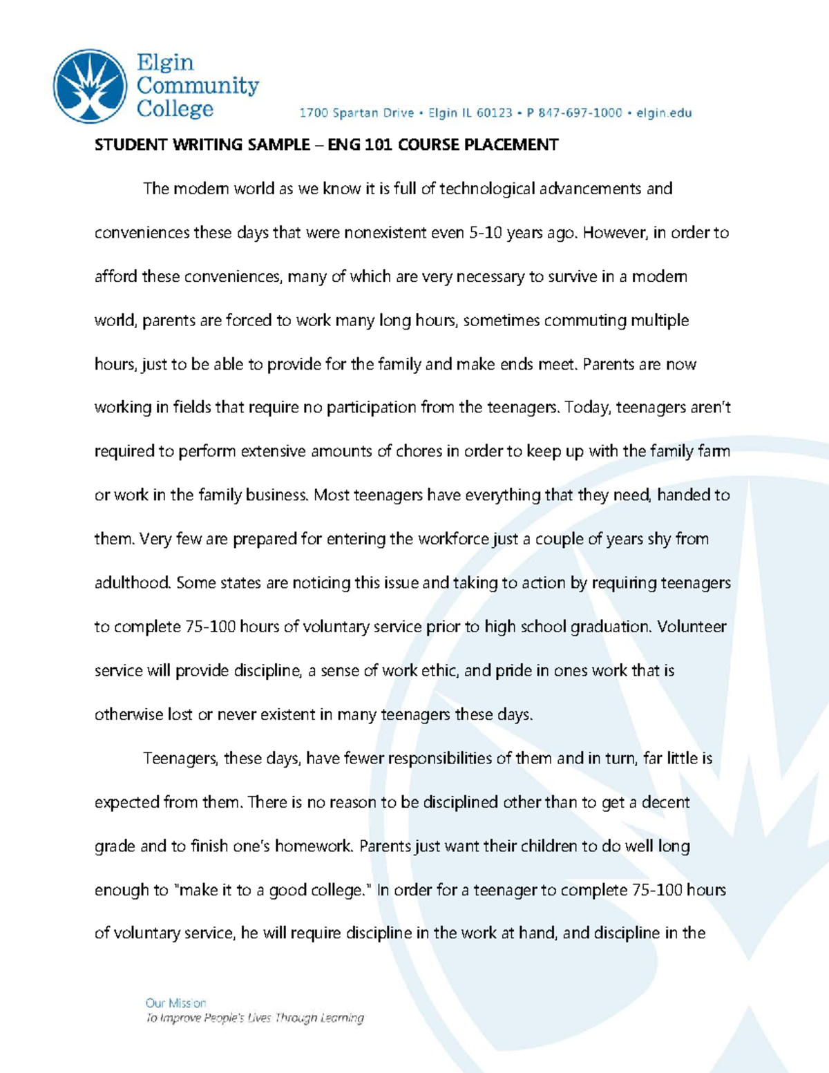 ENG101 - STUDENT WRITING SAMPLE – ENG 101 COURSE PLACEMENT - STUDENT ...