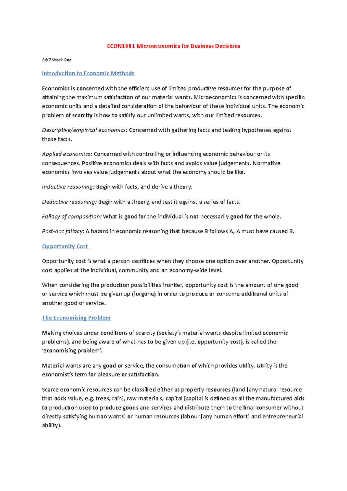 ECON1001 Study Notes - Lecture note 1-12 - ECON1001 Microeconomics for ...