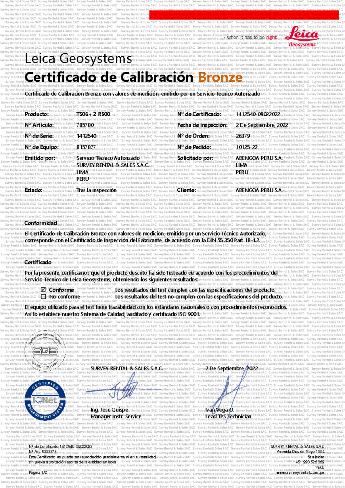 Leica TS06 + 2 R500: Certificado de Calibración Bronze Detallado - Document Preview