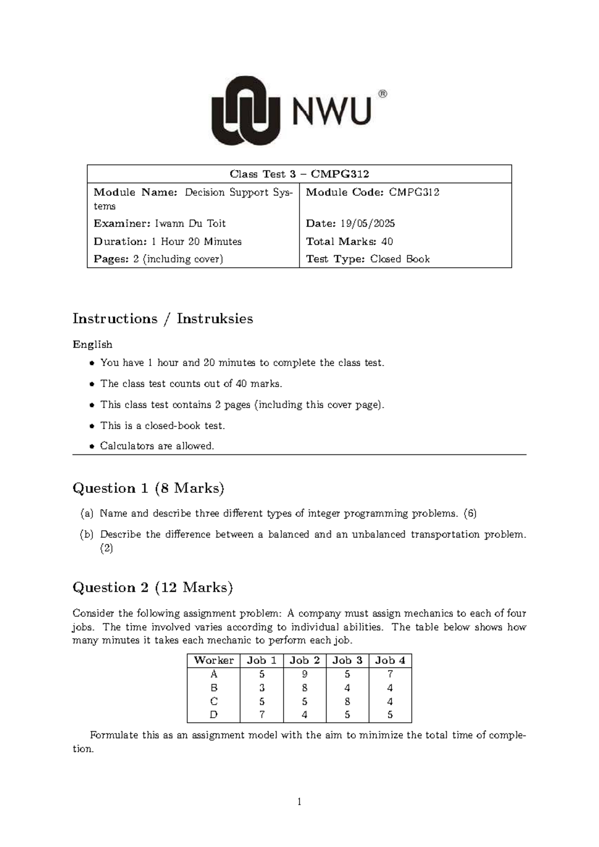 Class Test 3 CMPG312: Decision Support Systems Study Units 9 & 10 - Studocu