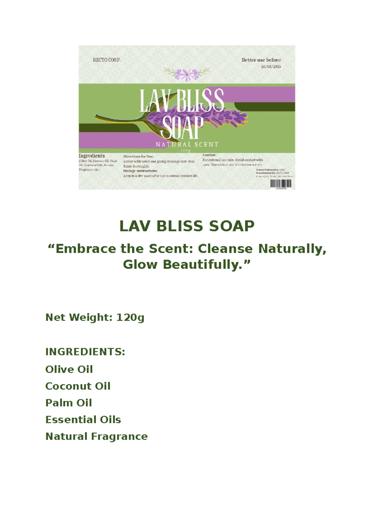 LAV Bliss SOAP - sample of label - Bachelor of Secondary Education ...