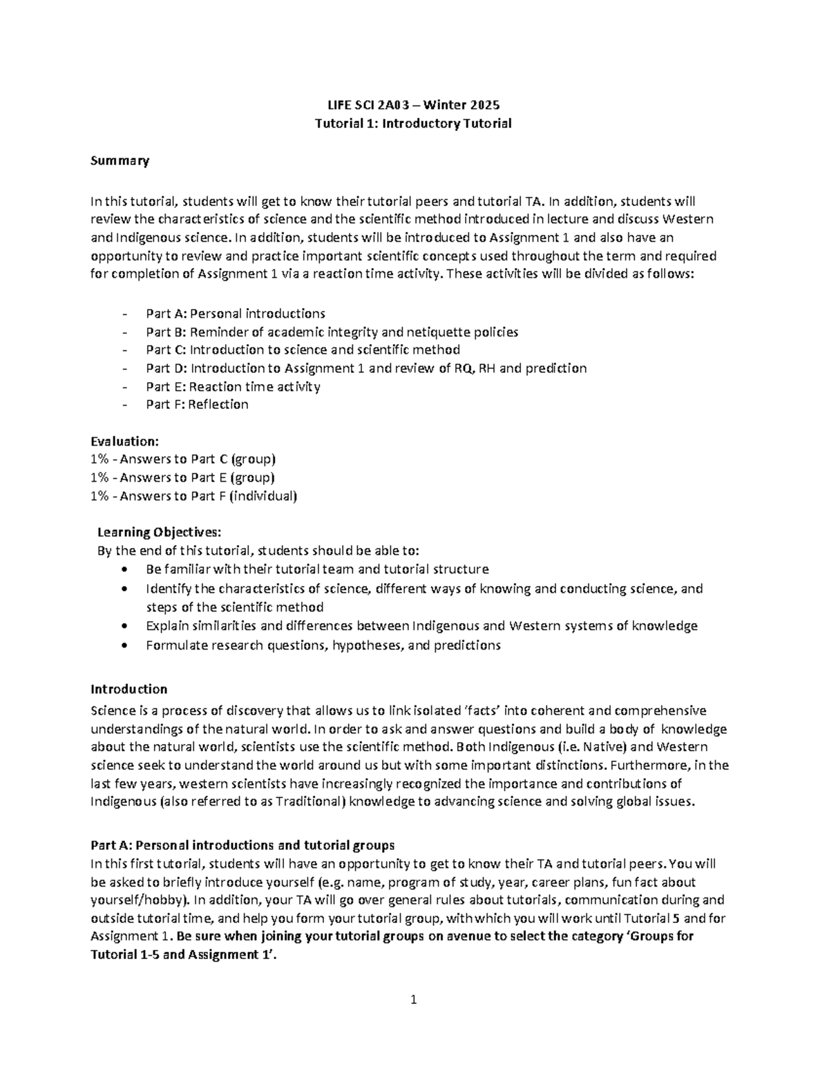 LS2A03 W2025 Tutorial 1: Intro to Science & Assignment 1 Guidance - Studocu