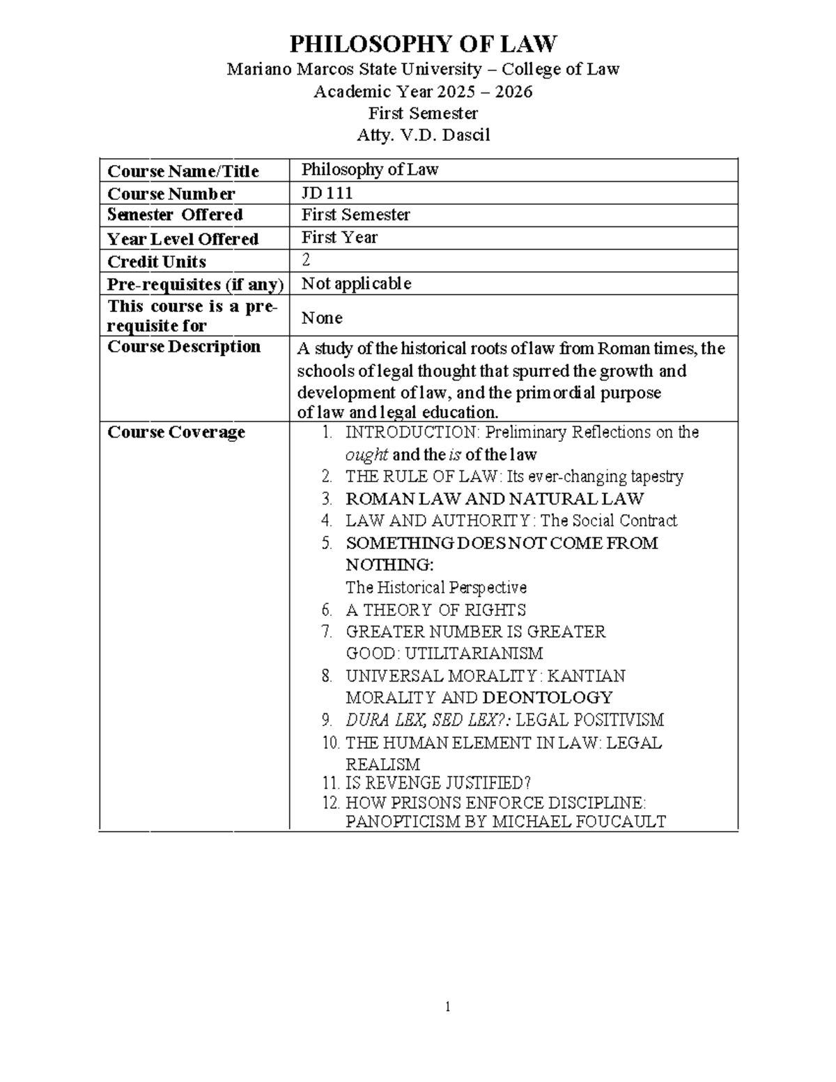 PHIL 101: Philosophy of Law Syllabus - First Semester 2025-2026 - Studocu