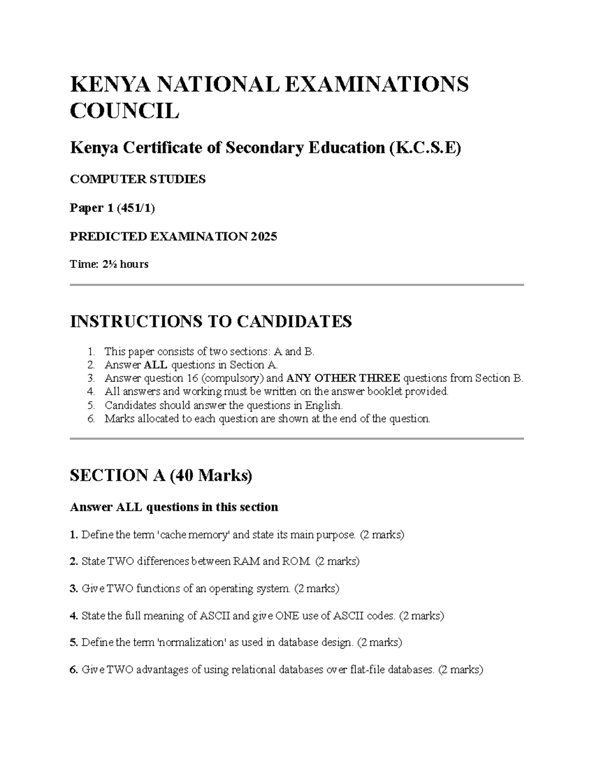K.C.S.E COMPUTER STUDIES Paper 1 Predicted Exam 2025 - Studocu