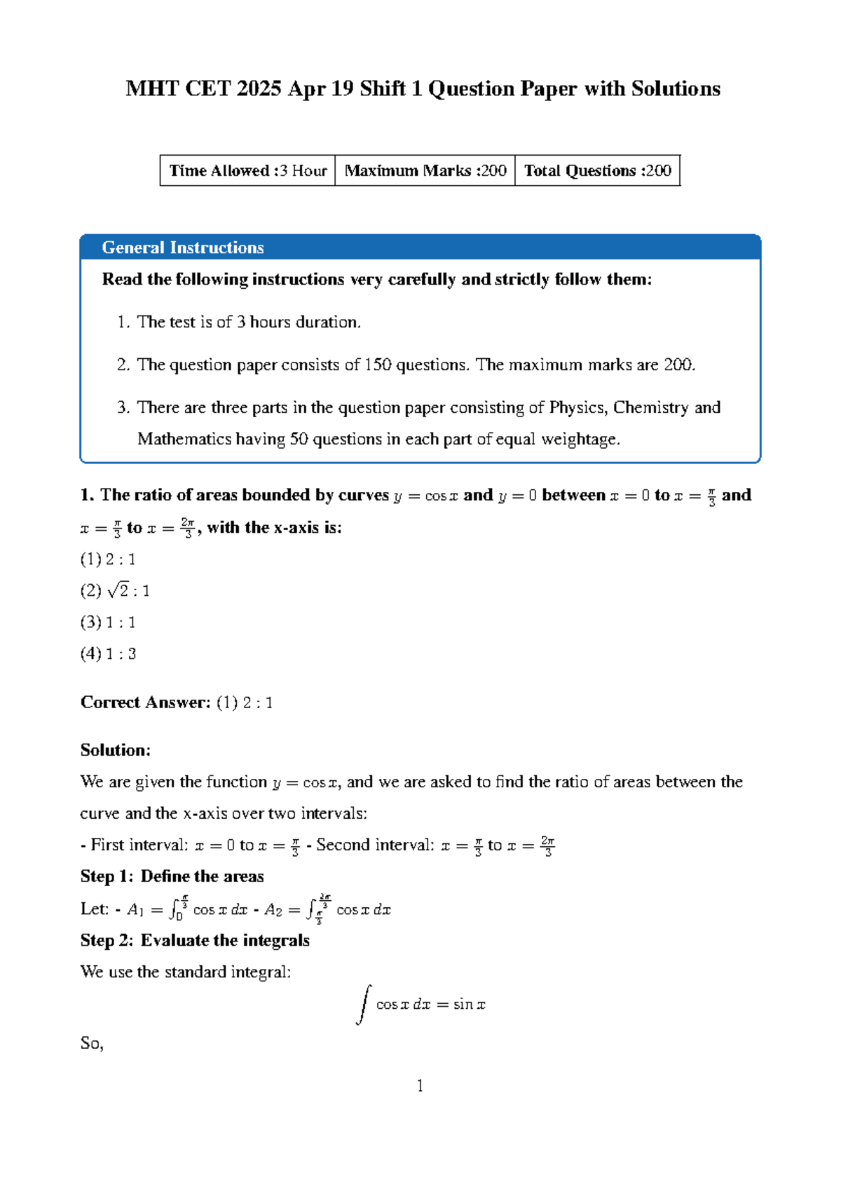 MHT CET 2025 Apr 19 PCM Shift 1 Question Paper with Solutions - Studocu