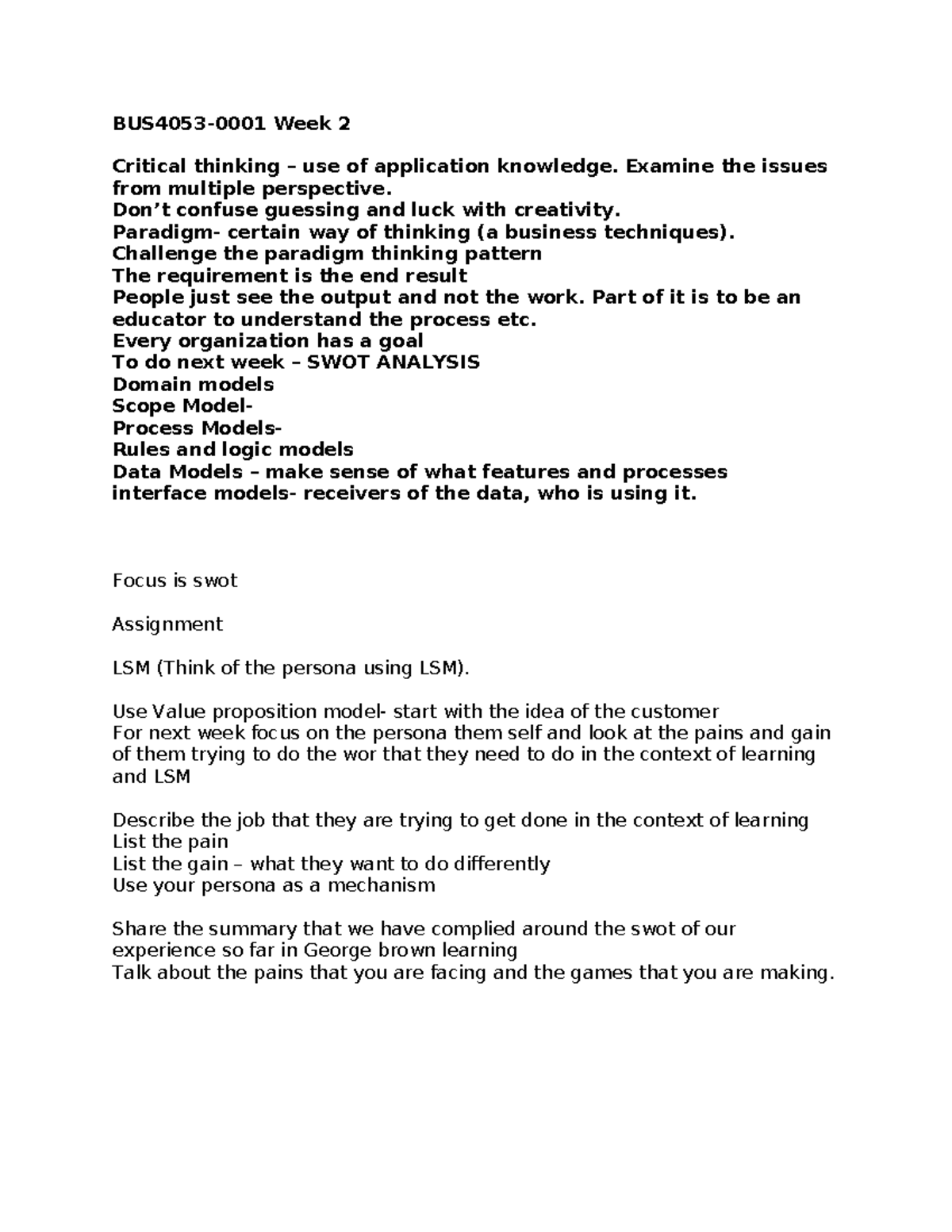 BUS4053 - Week 2 Critical Thinking and SWOT Analysis Notes - Studocu