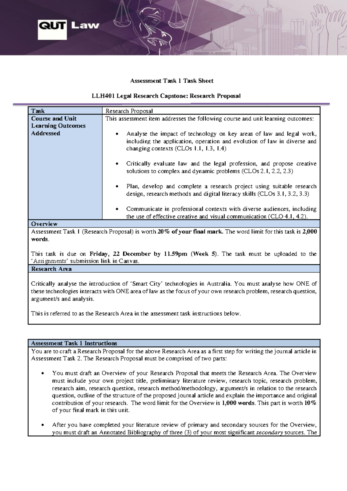 LLH401 Research Proposal Task Sheet for Legal Research Capstone - Studocu