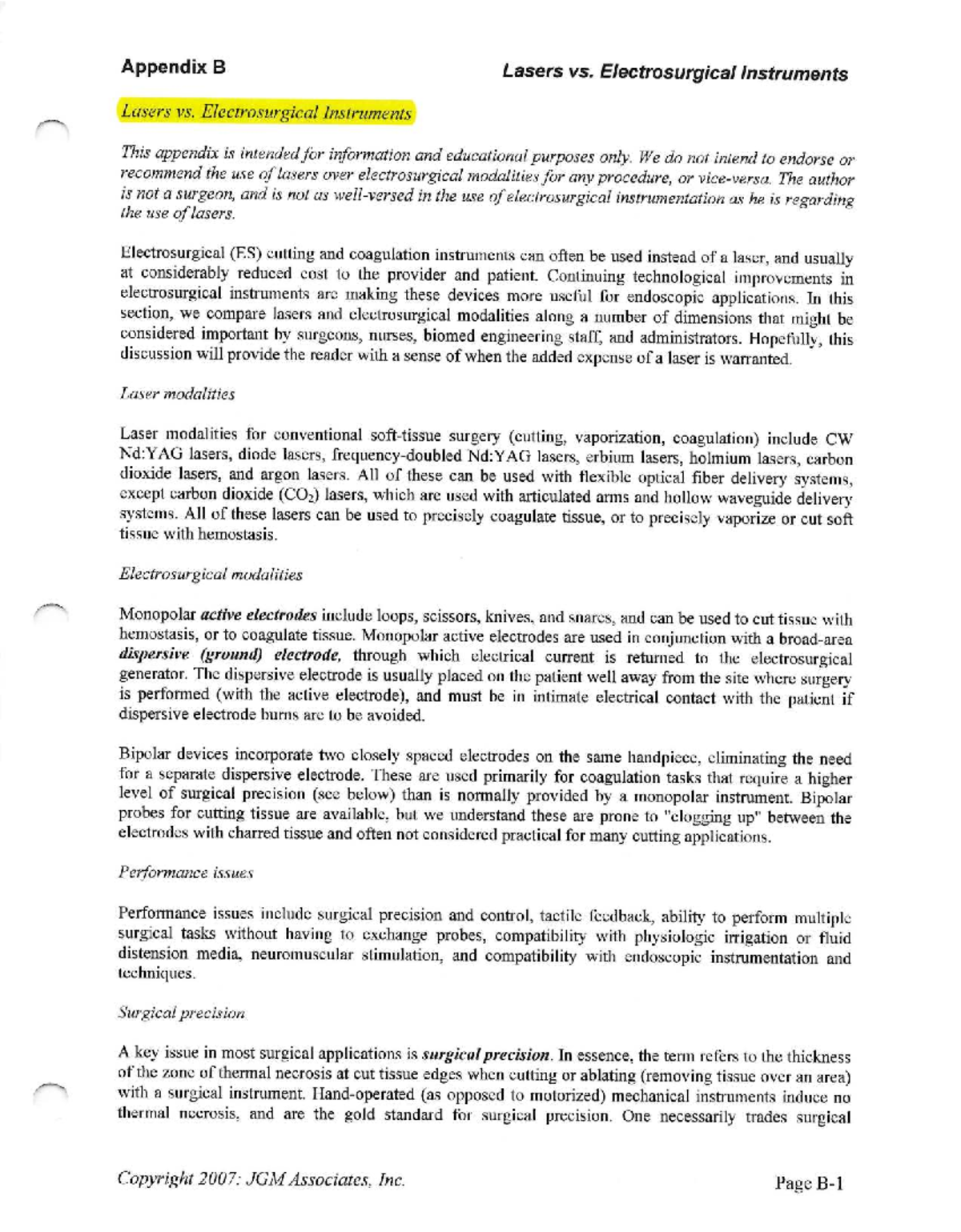 Appendix B: Comparison of Lasers and Electrosurgical Instruments - Studocu