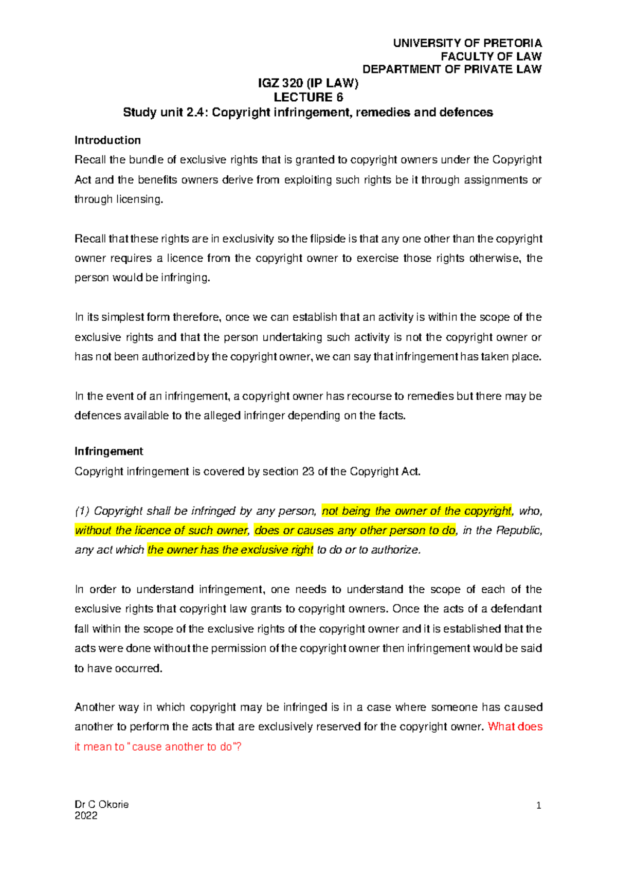 IGZ 320 (IP LAW) - Lecture 6: Copyright Infringement & Defences - Studocu