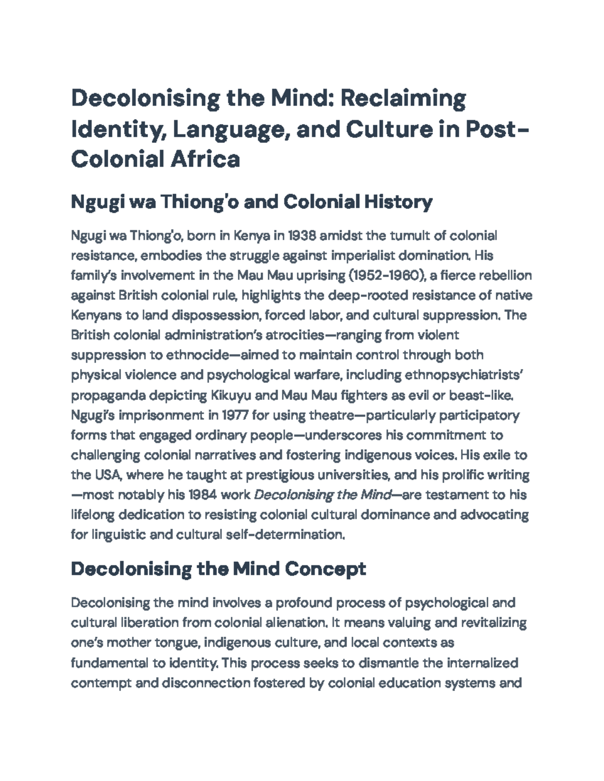 Decolonising the Mind: Language, Identity, and Culture in Postcolonial ...