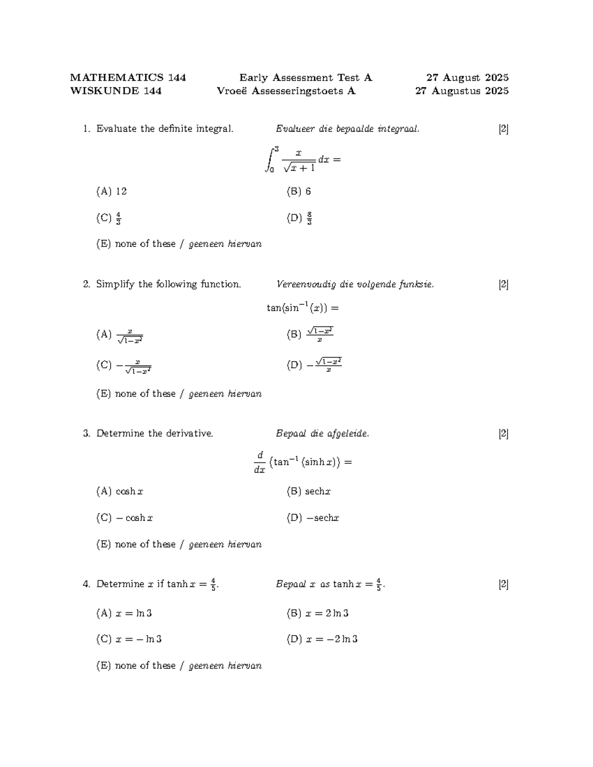 MATHEMATICS 144 Early Assessment Test A & B 2025 - Studocu