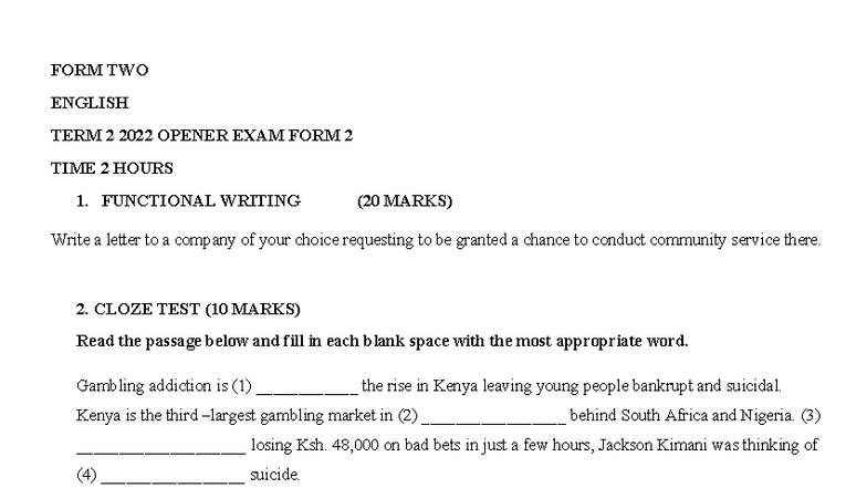 FORM TWO ENGLISH TERM 2 2022 OPENER EXAM QUESTIONS - Studocu