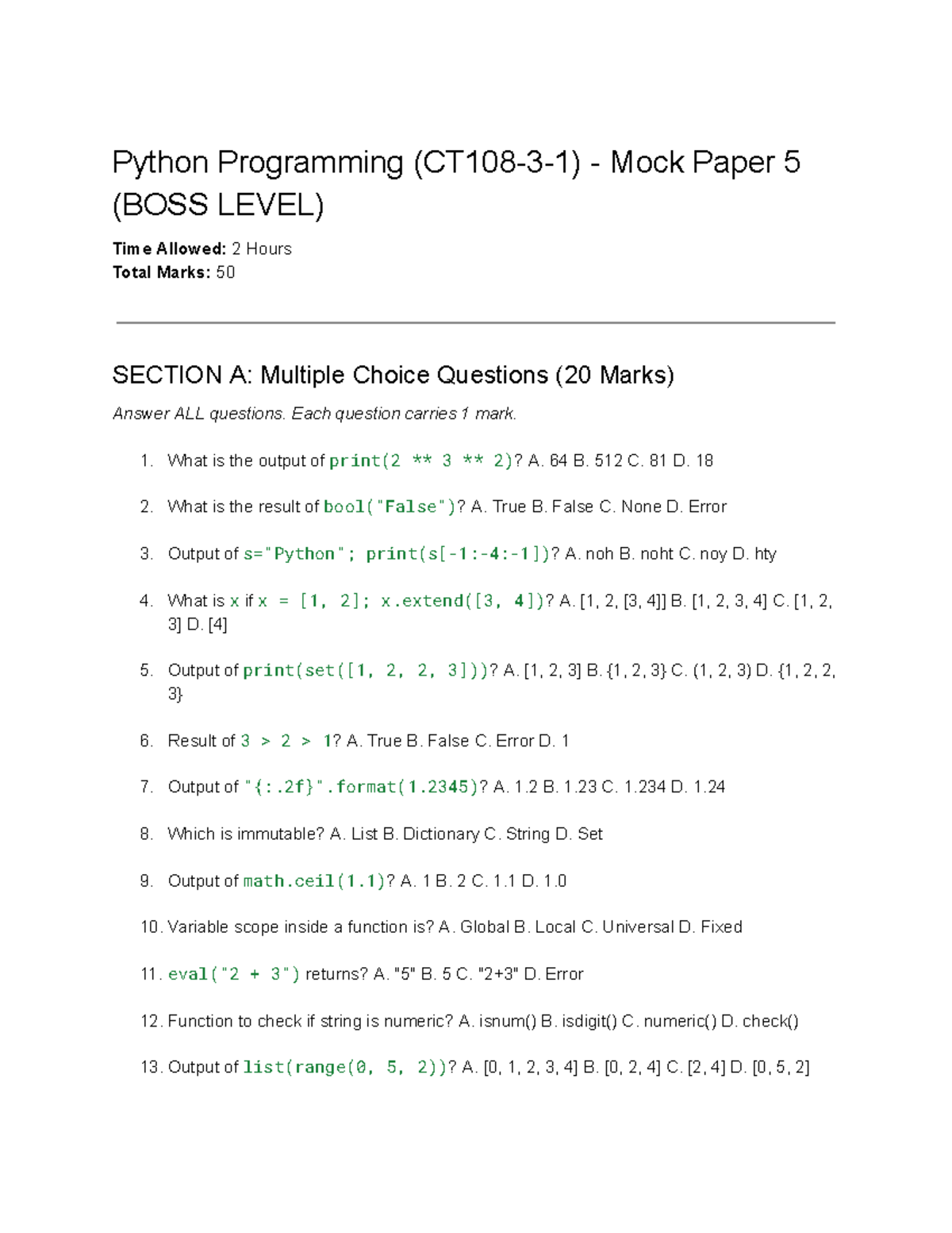 Python Programming Mock Paper 5 (BOSS Level) - MCQs - Studocu