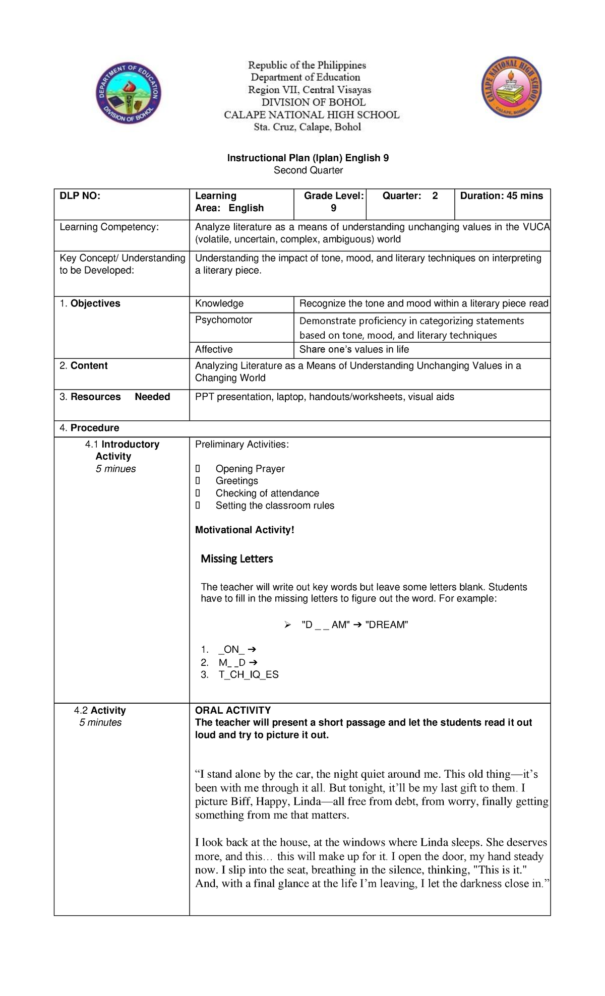 Grade-9- Final- Teaching-DEMO labesores - Instructional Plan (Iplan ...