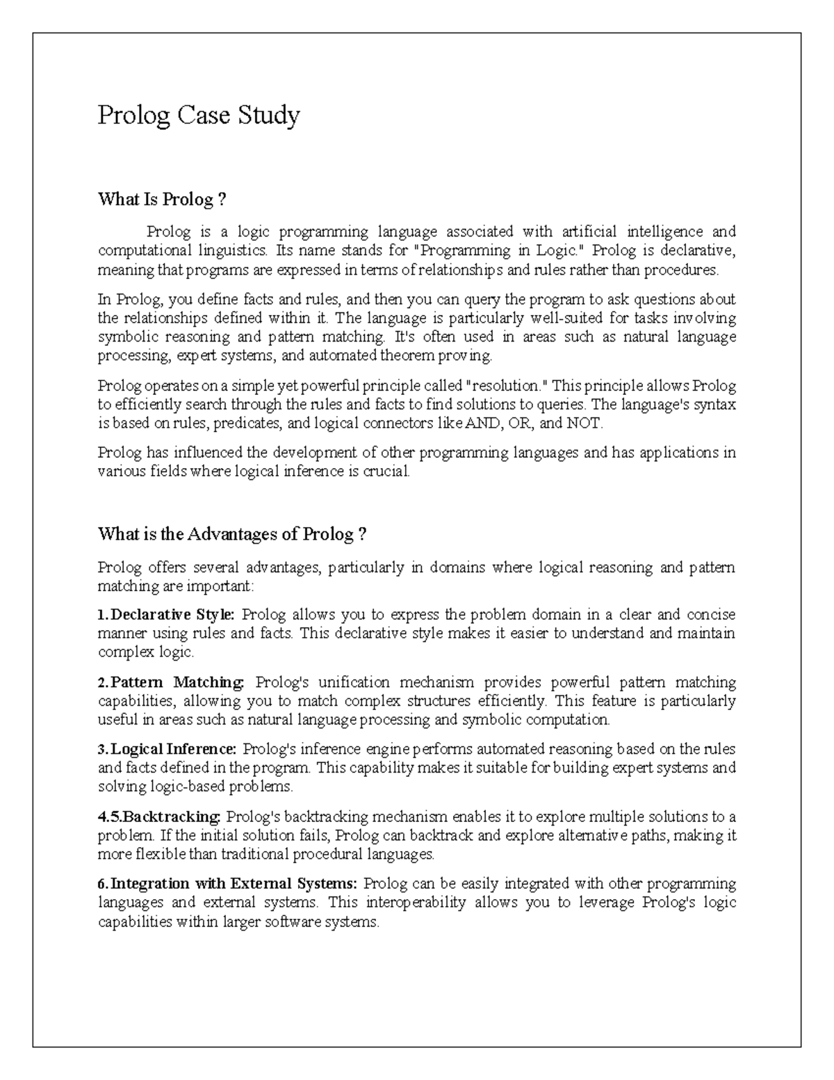 Prolog Case Study: Insights on Advantages and Disadvantages - Studocu