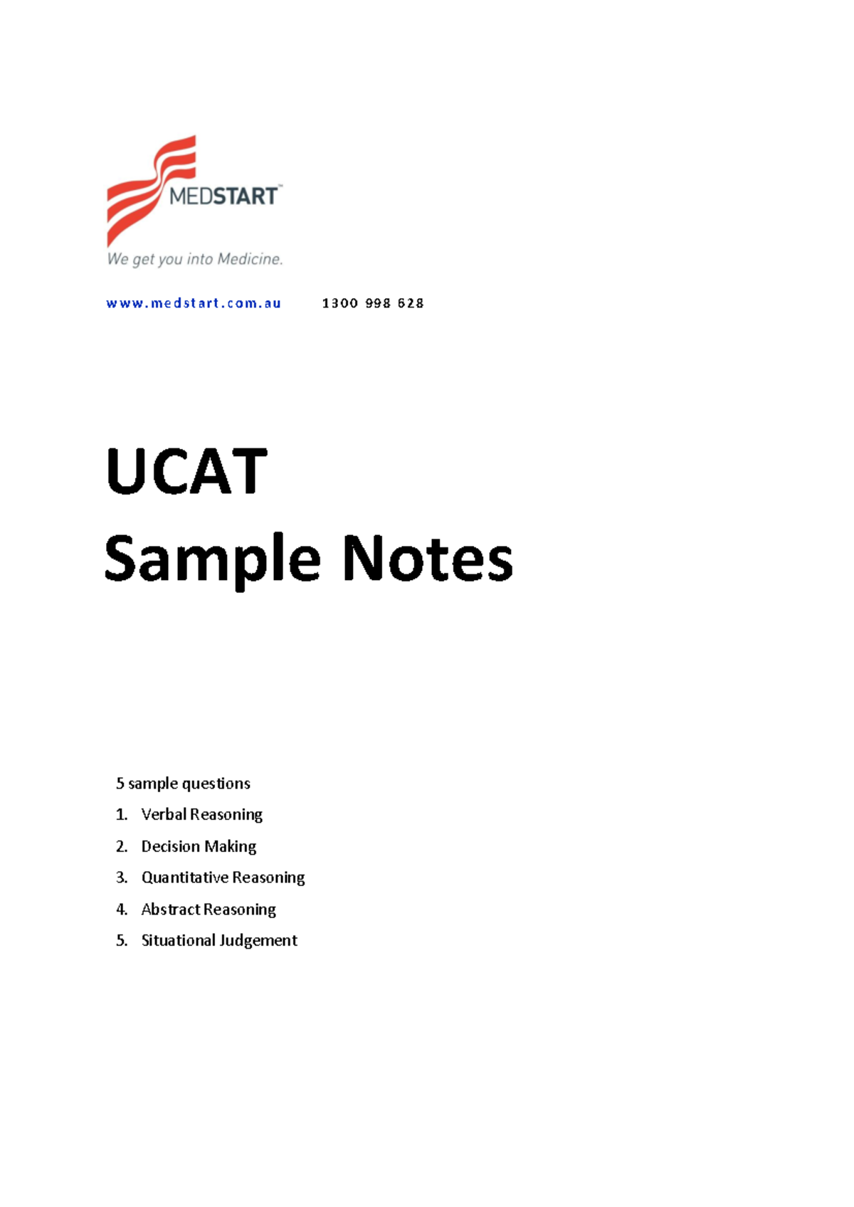 1300 998 628 UCAT Sample Notes: Verbal, Decision, Quantitative ...