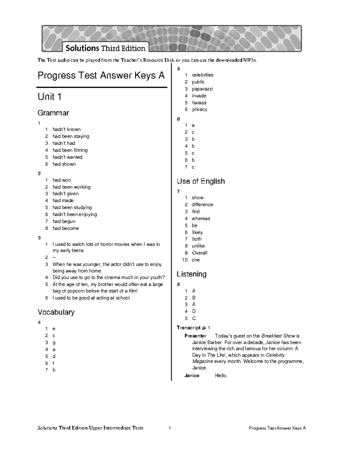 Progress Test Answer Keys A: Grammar, Vocabulary, and Listening ...