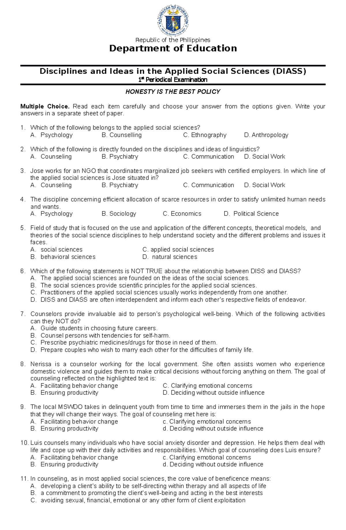 DIASS Q1 PT - Periodical Exam on Applied Social Sciences Topics - Studocu