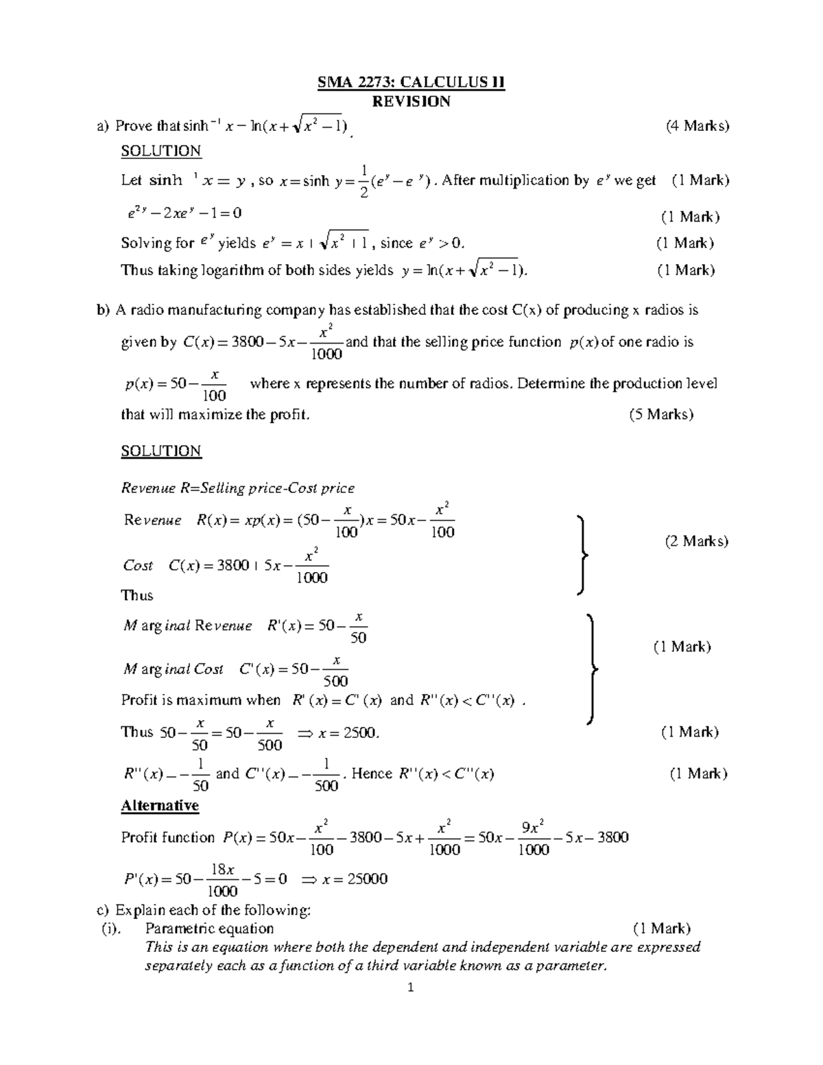 SMA 2273: Calculus II Revision Questions and Solutions (April 2013 ...