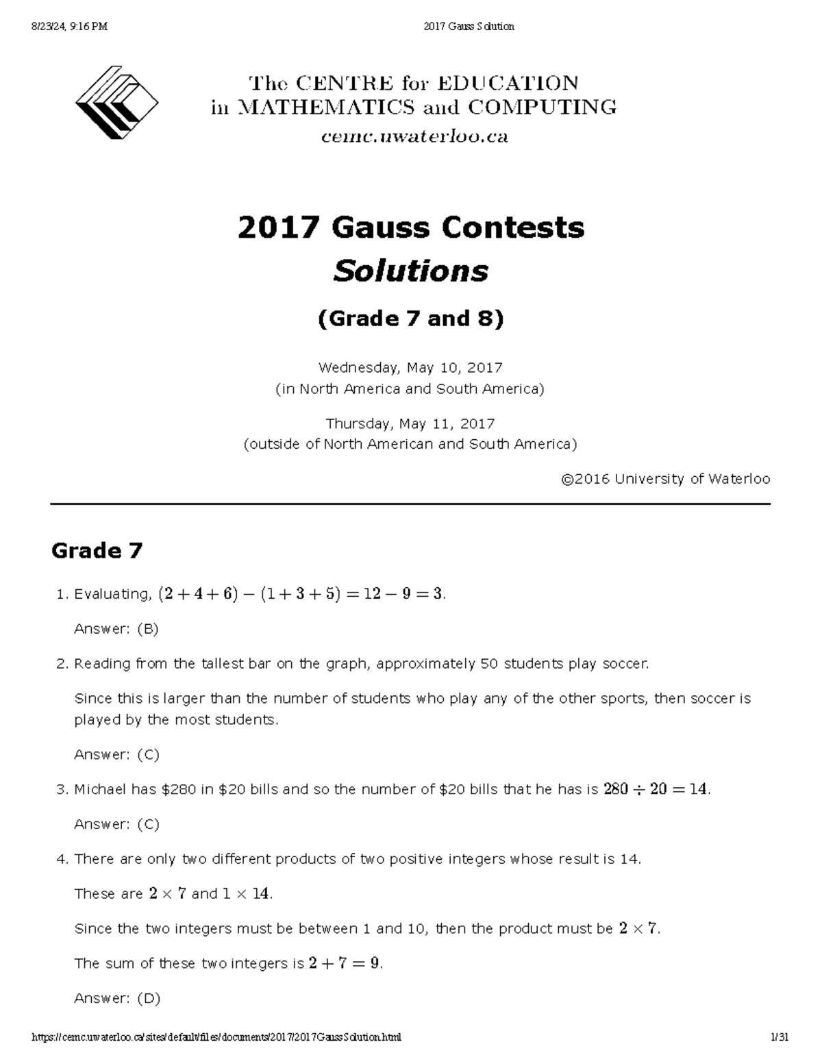 2017 Gauss Contest Solutions for Grades 7 & 8 - Studocu