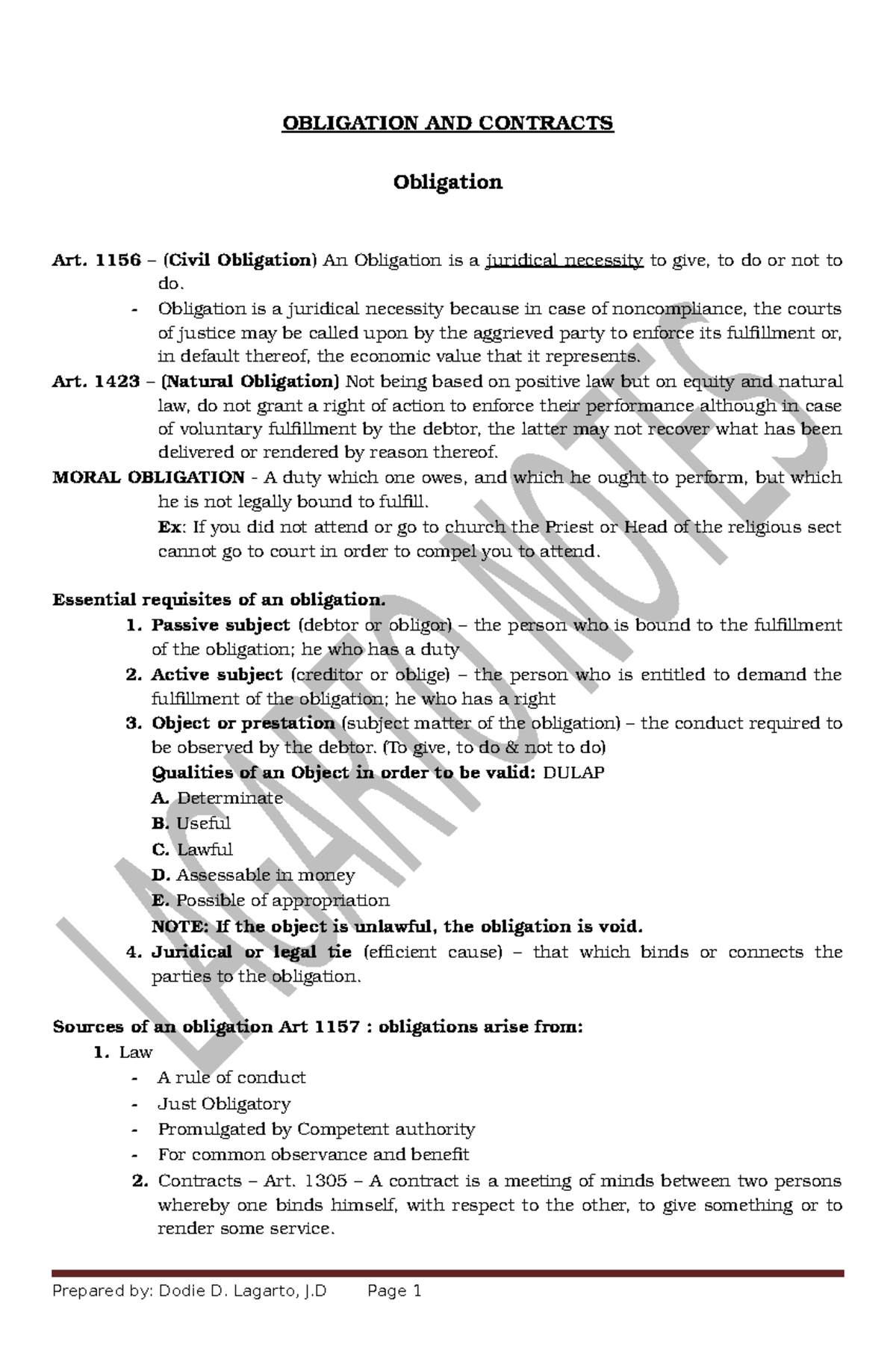 OBLIGATION AND CONTRACTS: Key Concepts and Articles (Law 101) - Studocu