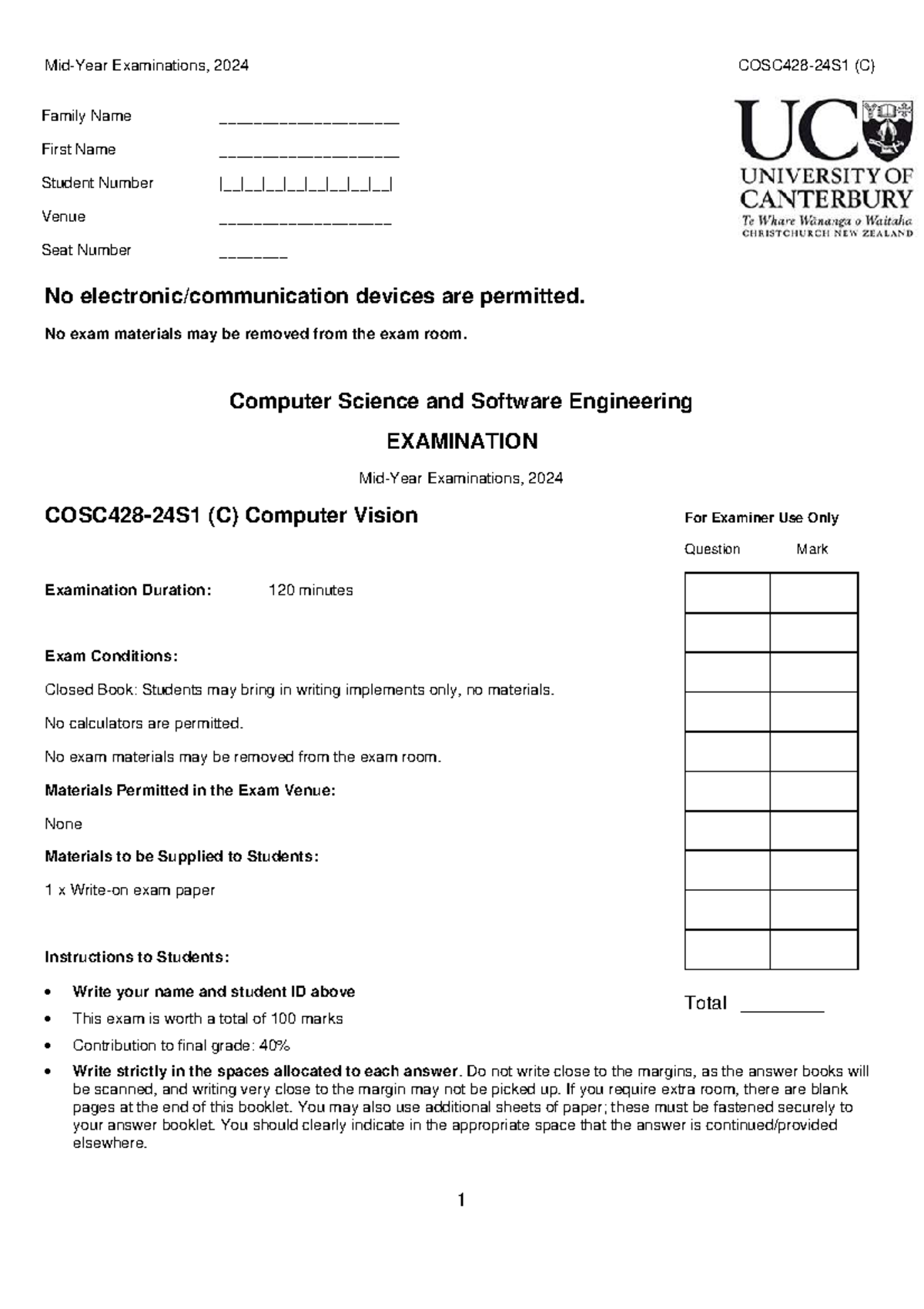 COSC428 24S1 Final Exam: Computer Vision Examination Guidelines - Studocu