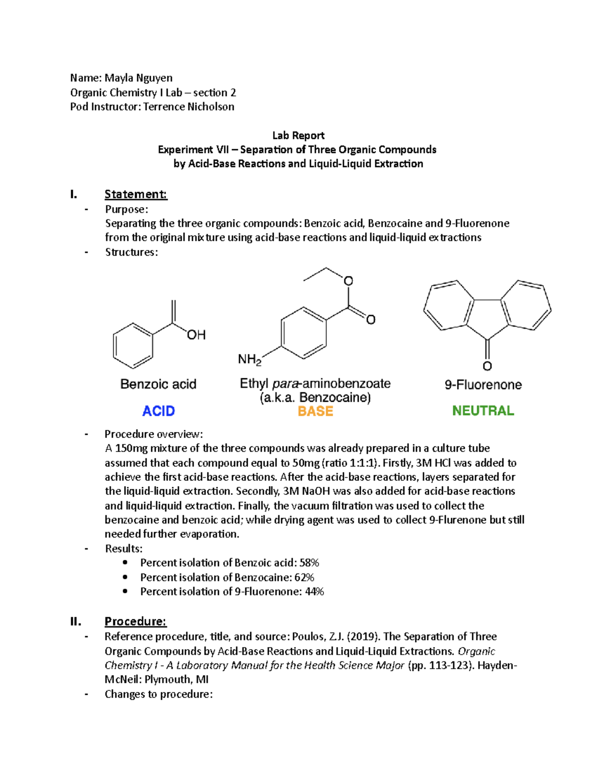 Organic Chemistry I Lab (OC I) Lab Report 3: Separation of Organic ...
