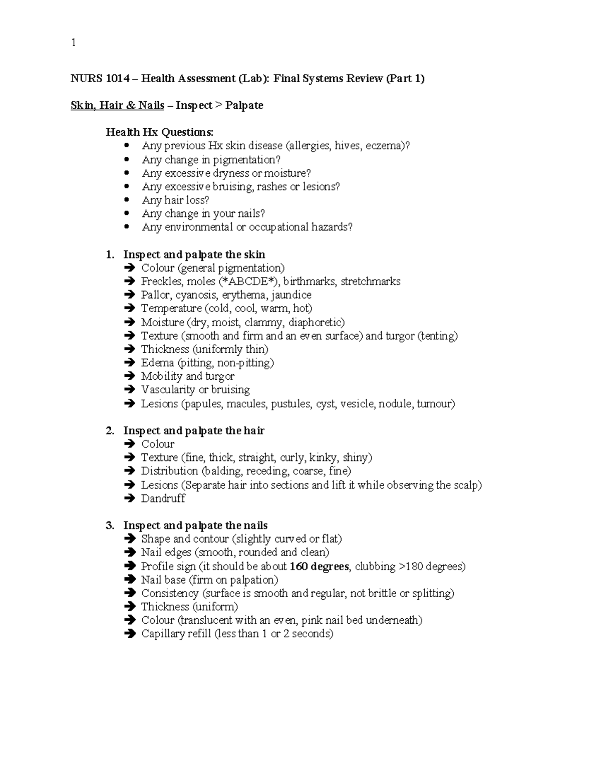 NURS 1014 Health Assessment: Final Lab Systems Review (Part 1) - Studocu