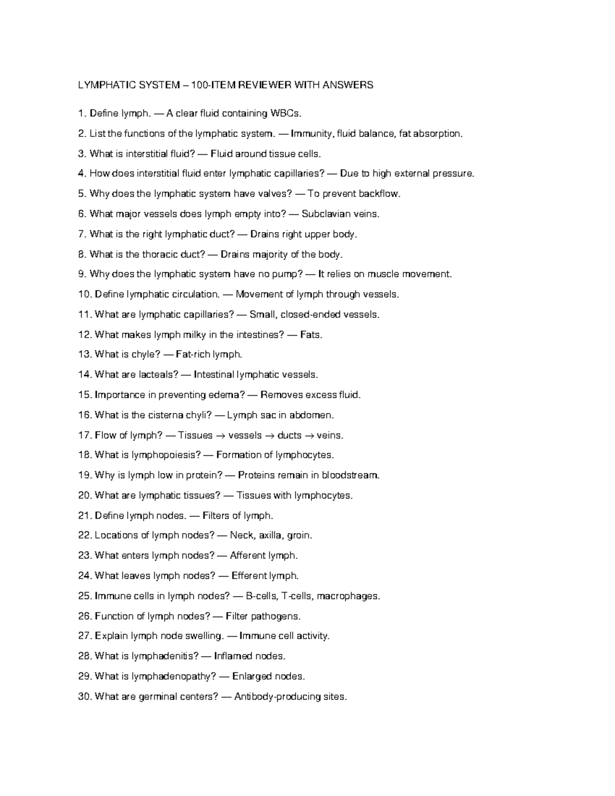 Lymphatic System Review Notes (LYMPH 101) - Studocu