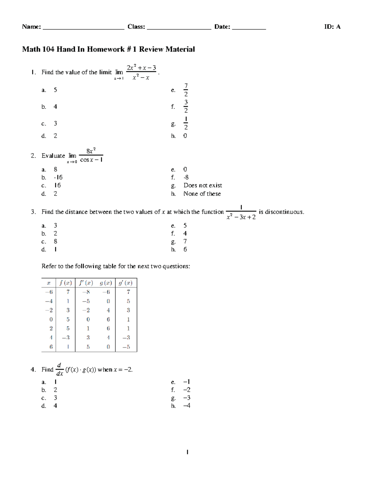 Math 104 Hand-In Homework #1 Review Material & Answers - Studocu