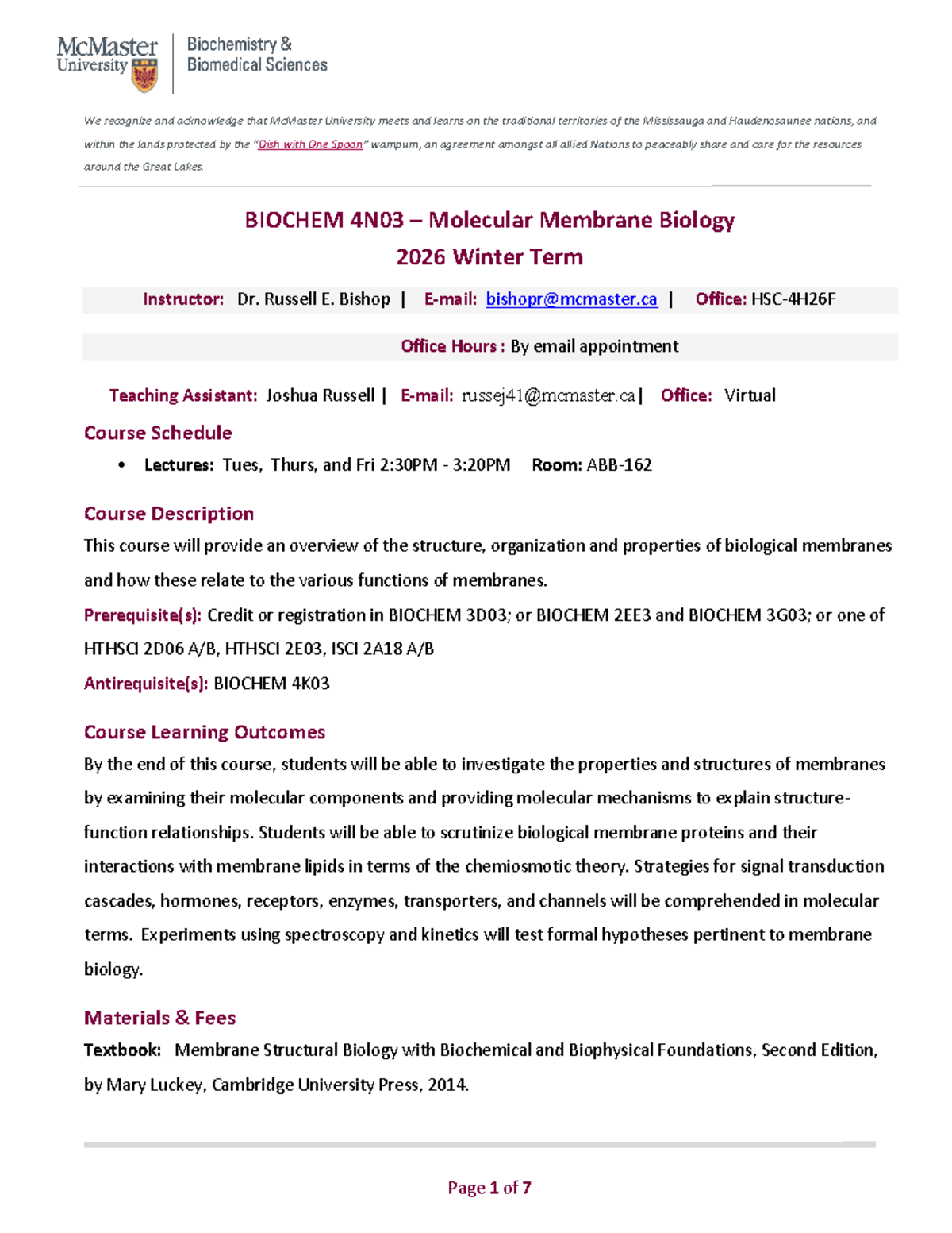 Biochem 4N03 - Molecular Membrane Biology Course Overview W2026 - Studocu