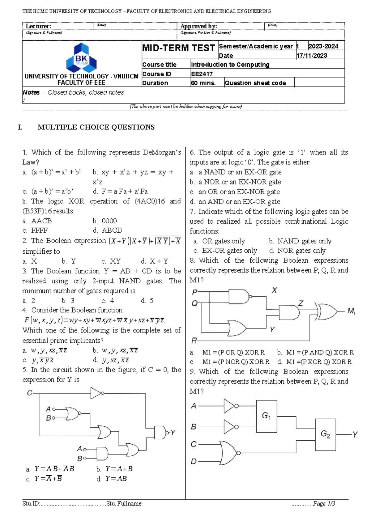 EE2417 Introduction to Computing Midterm Exam Questions - Studocu