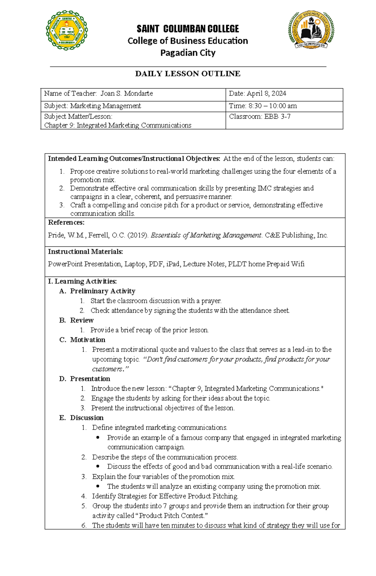 MM-Lesson-Plan - Lesson Plan Outline (Sample) - SAINT COLUMBAN COLLEGE ...