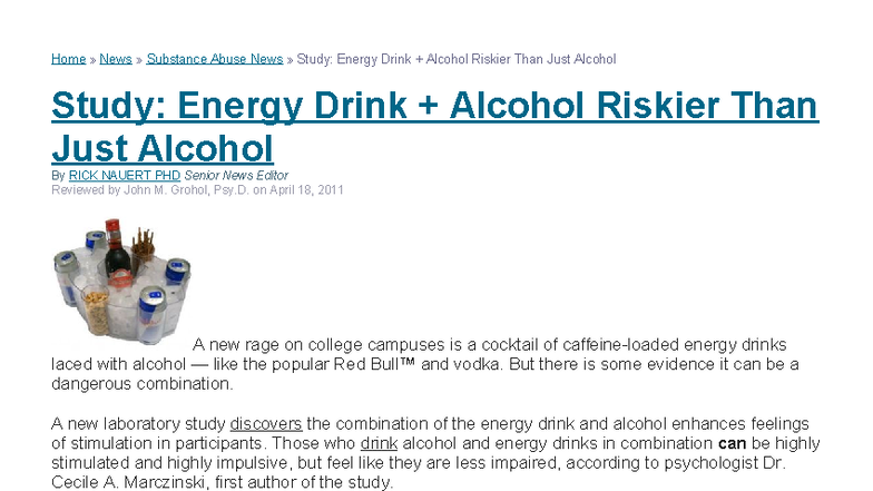 Study: Energy Drink & Alcohol Risks - A Laboratory Analysis - Studocu