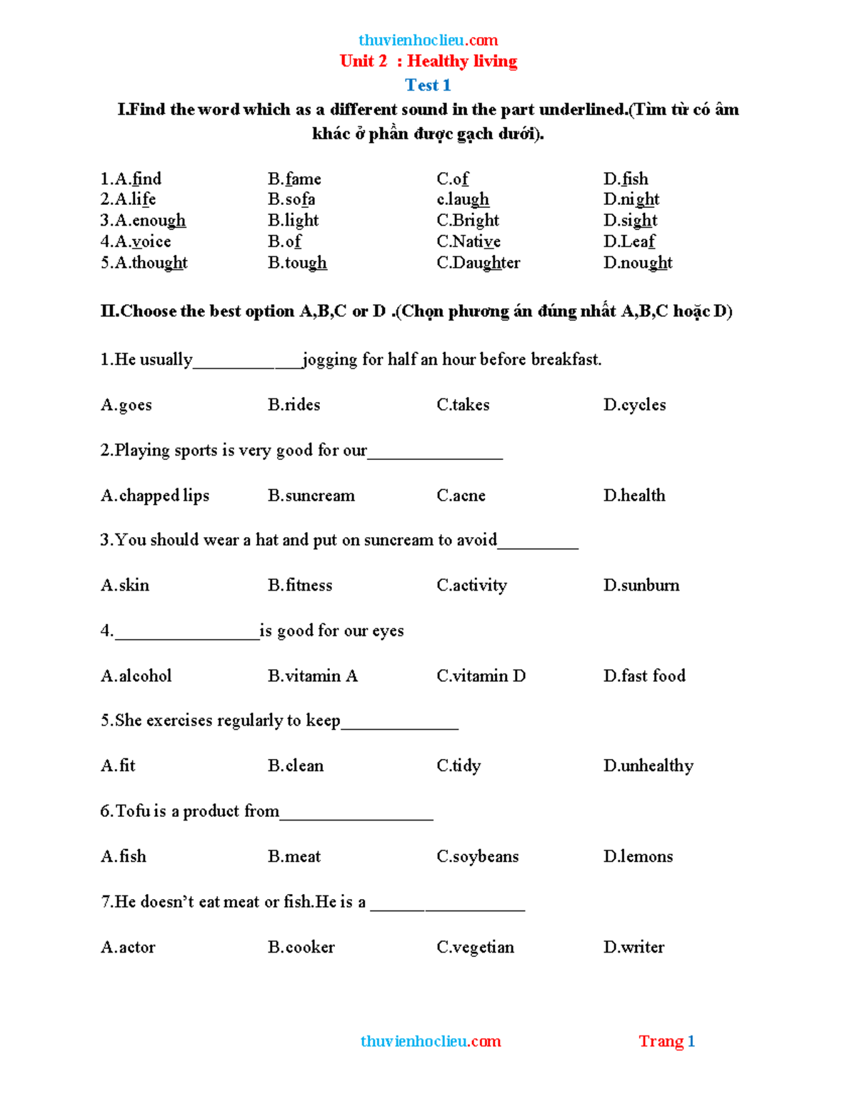 Unit 2: Healthy Living Test 1 - Vocabulary & Sentence Structure - Studocu