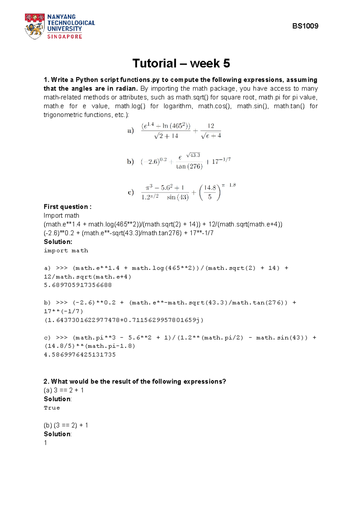 Week5 Tut Operators Selection sol - BS Tutorial – week 5 1. Write a ...