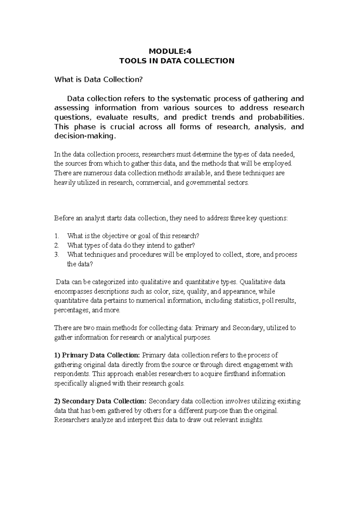 RM Module 4 - Data Collection Tools and Case Study Insights - Studocu