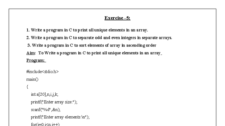 C-Experiment-5: Unique Elements & Array Sorting in C - Studocu