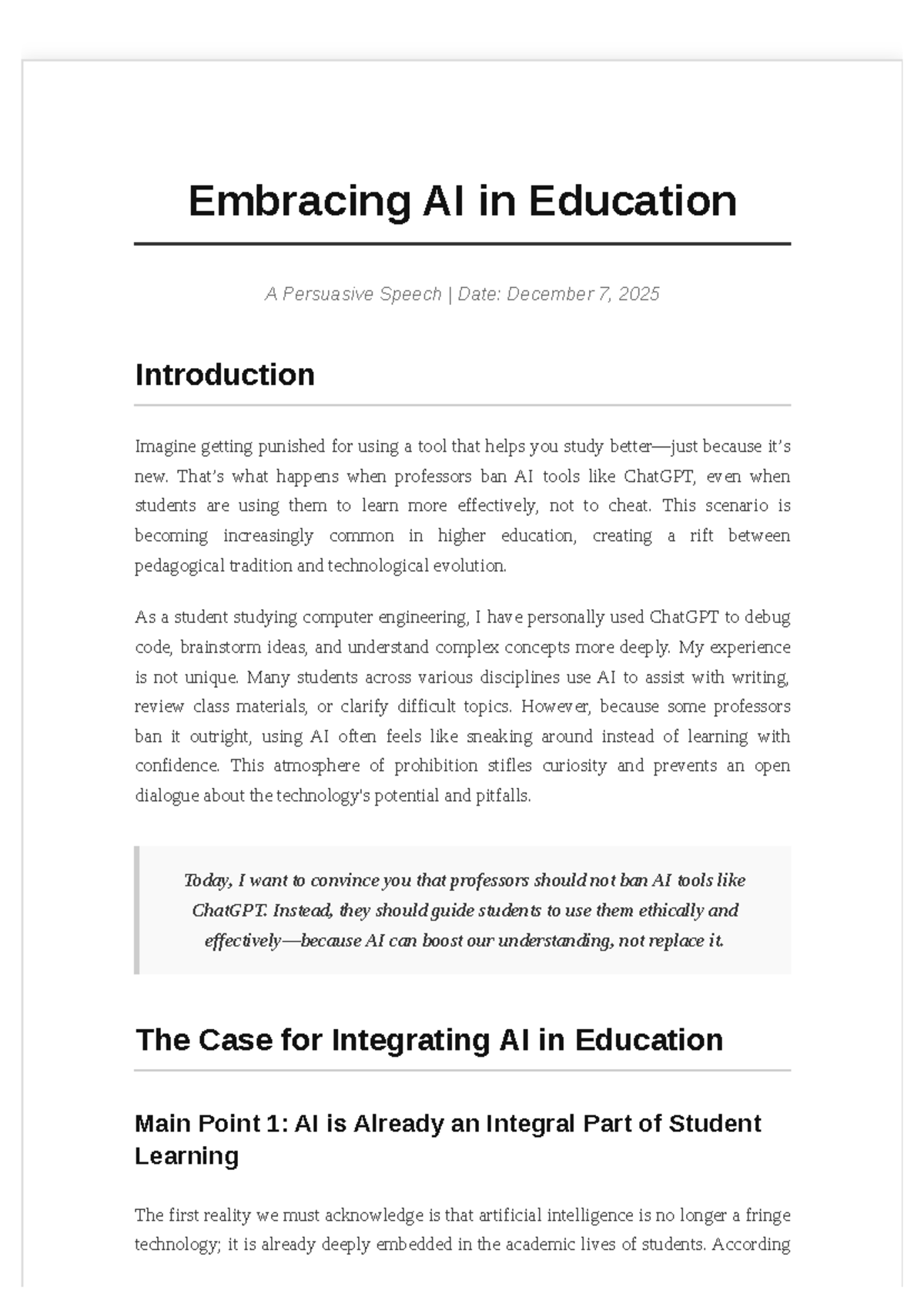 AI in Education: A Persuasive Speech on Ethical Use - Studocu
