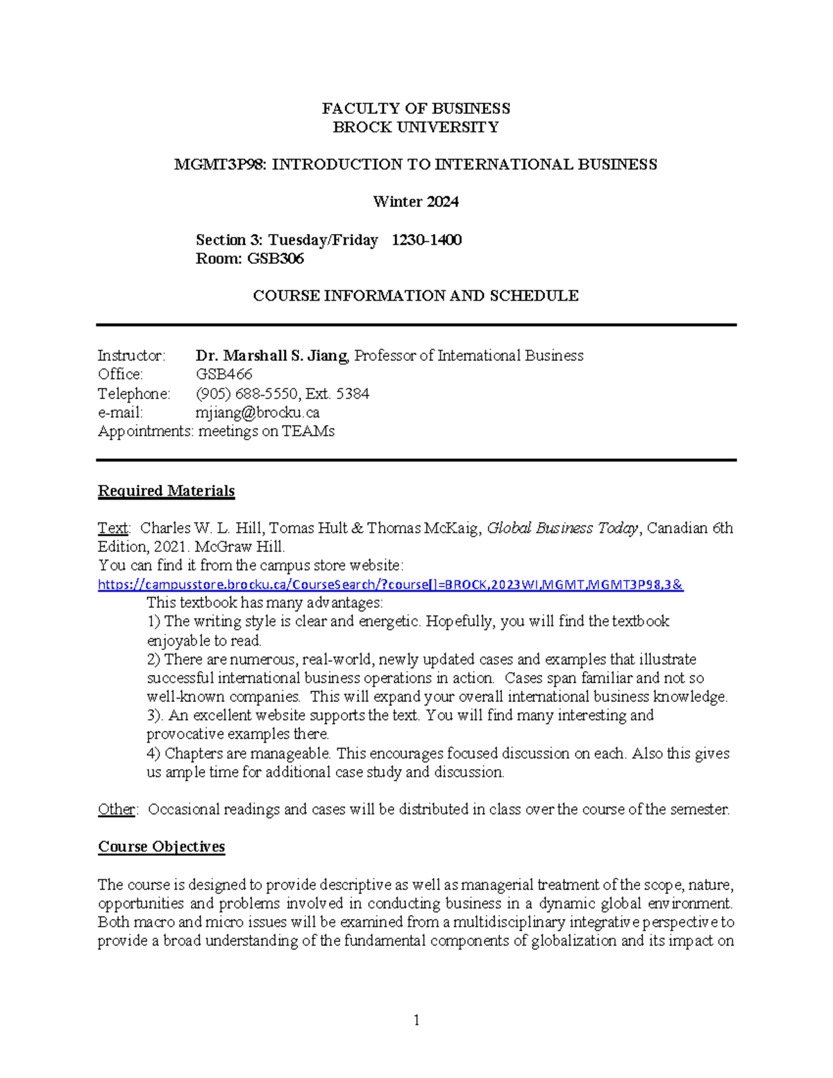 MGMT3P98: Course Outline for Winter 2024 - Int'l Business Introduction ...