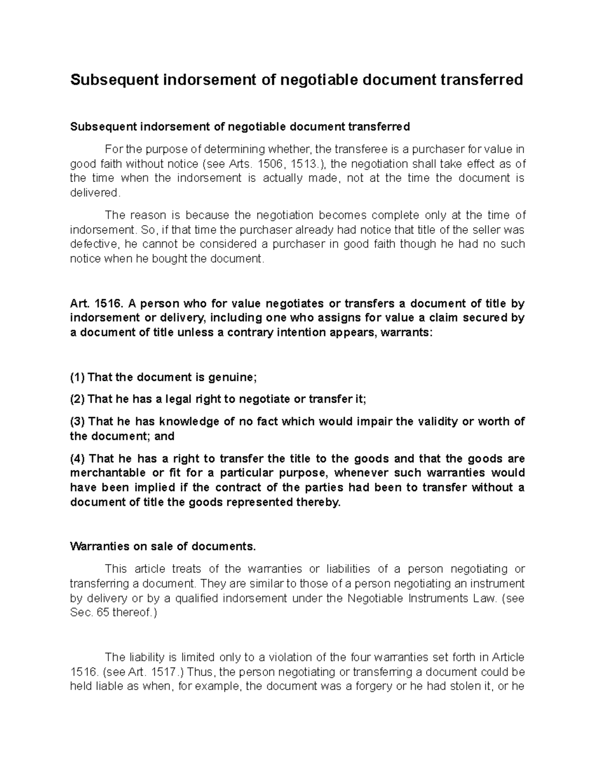 Subsequent Indorsement of Negotiable Documents: Legal Framework and ...