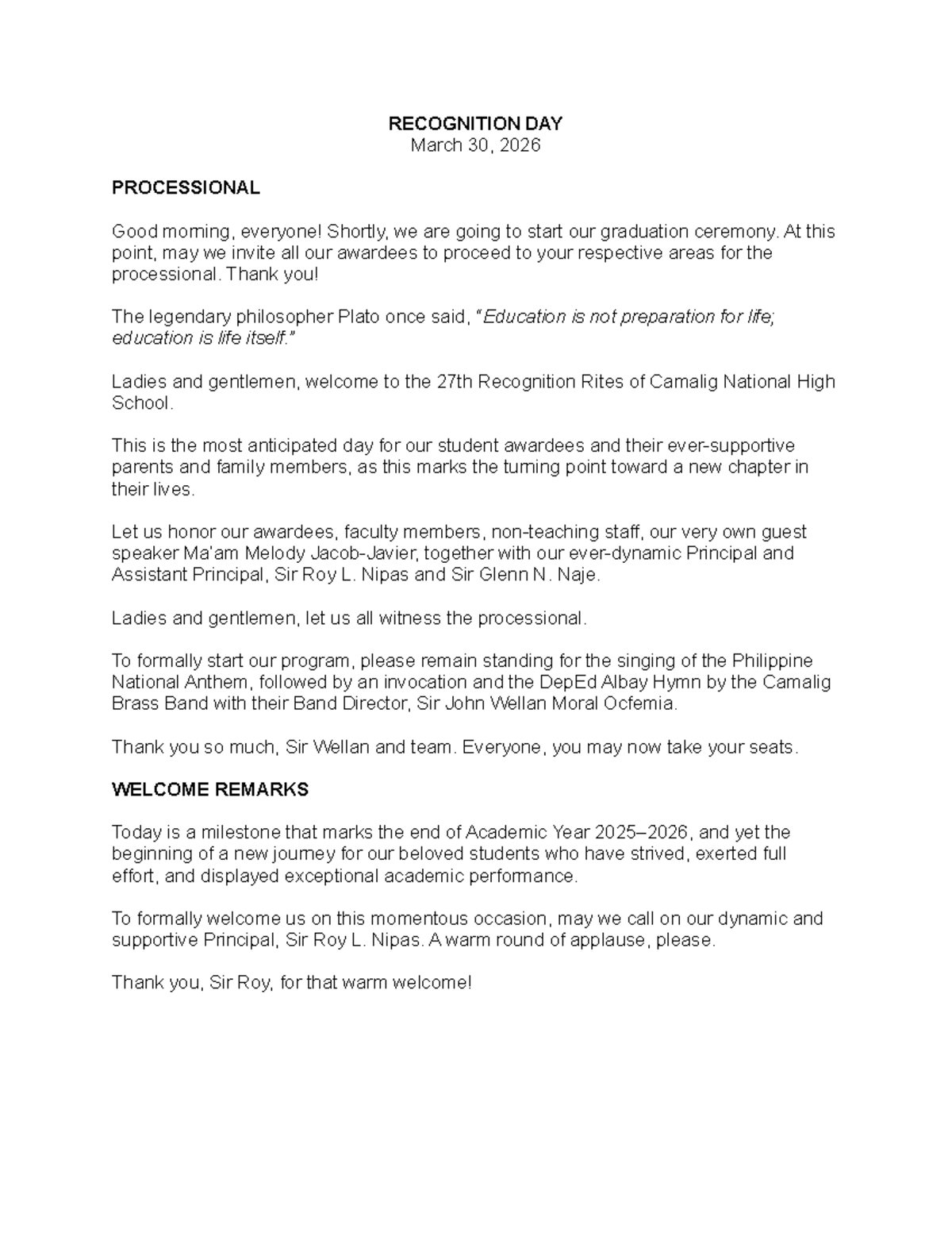 Recognition Day Ceremony Script - March 30, 2026 - Studocu