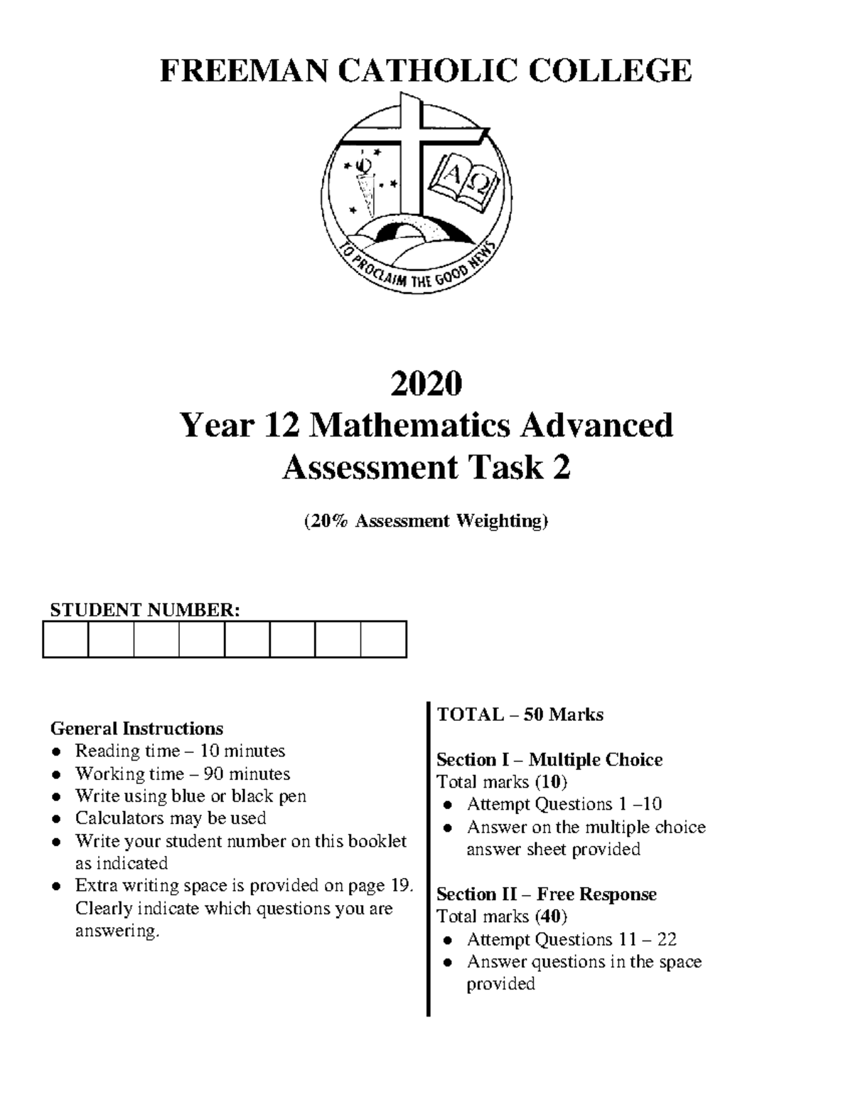 2020 Year 12 Mathematics Advanced Assessment Task 2 - Past Paper - Studocu
