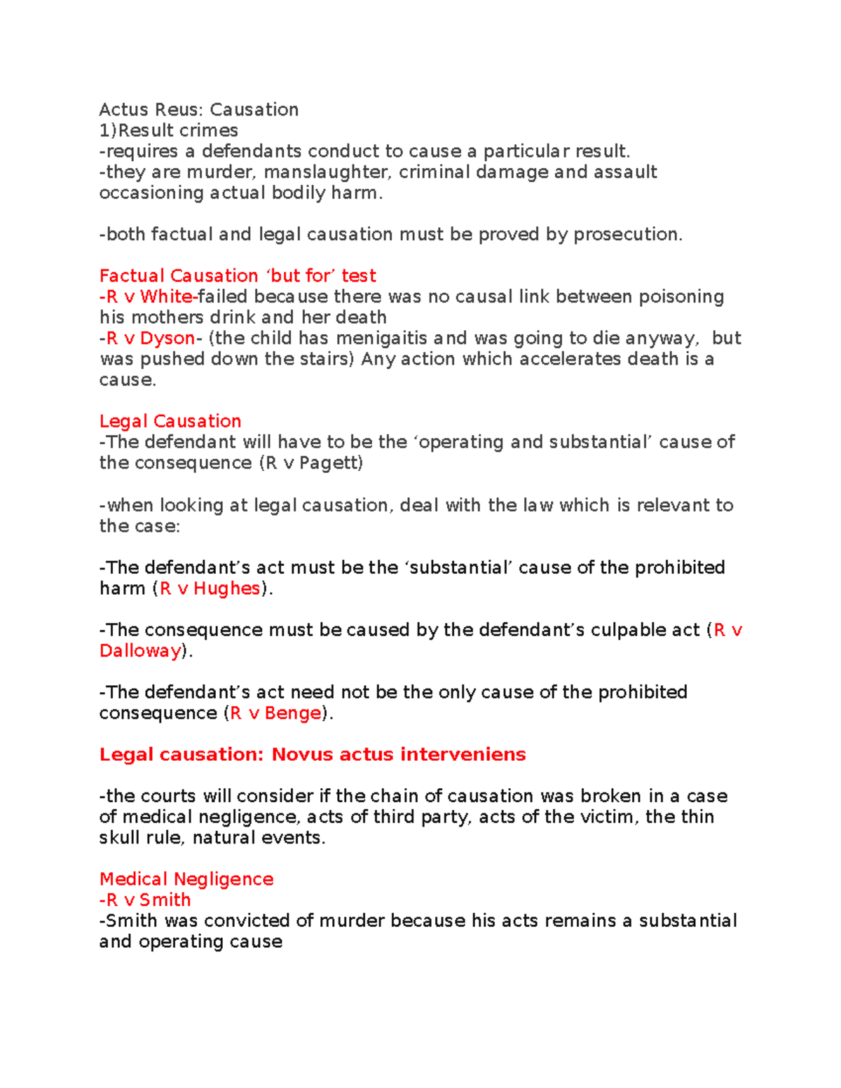 Criminal Law Notes - Actus Reus: Causation 1)Result crimes -requires a ...
