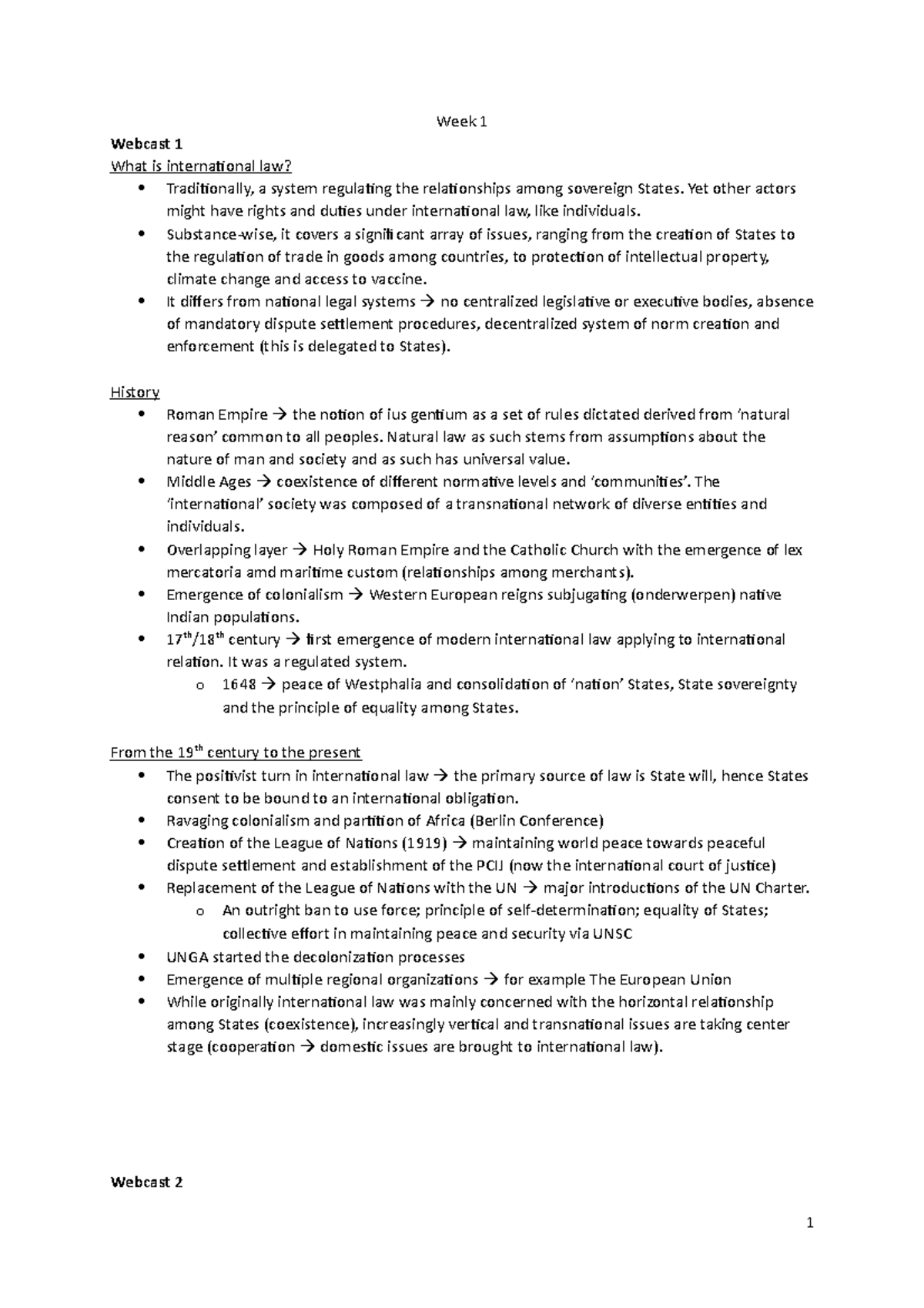 International Law Overview: Week 1 Webcasts Analysis - Studeersnel