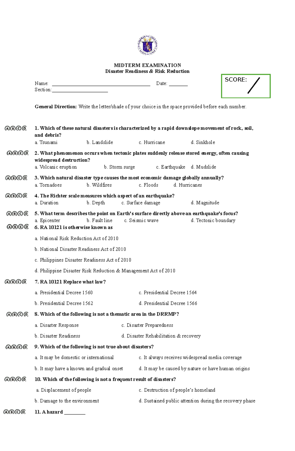 MIDTERM EXAMINATION: Disaster Readiness & Risk Reduction Sample ...