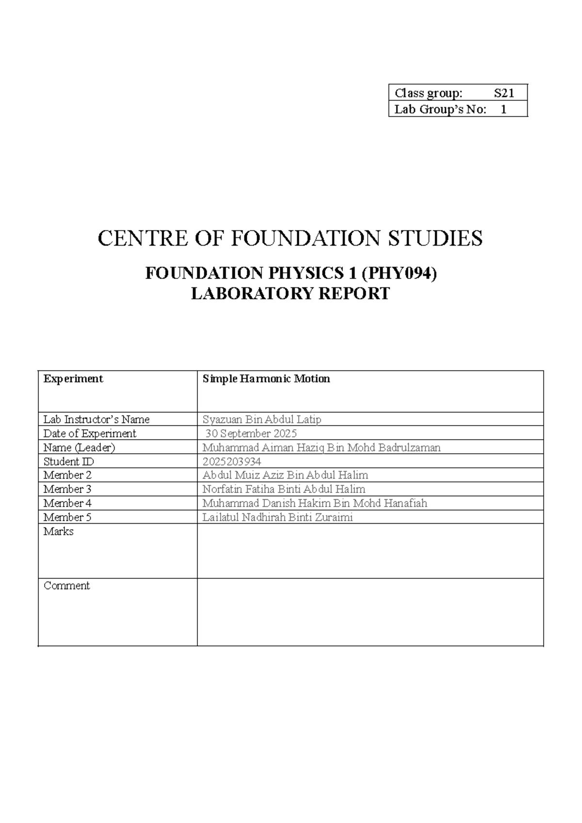 Simple Harmonic Motion Lab Report - PHY094 S21 Group 1 - Studocu