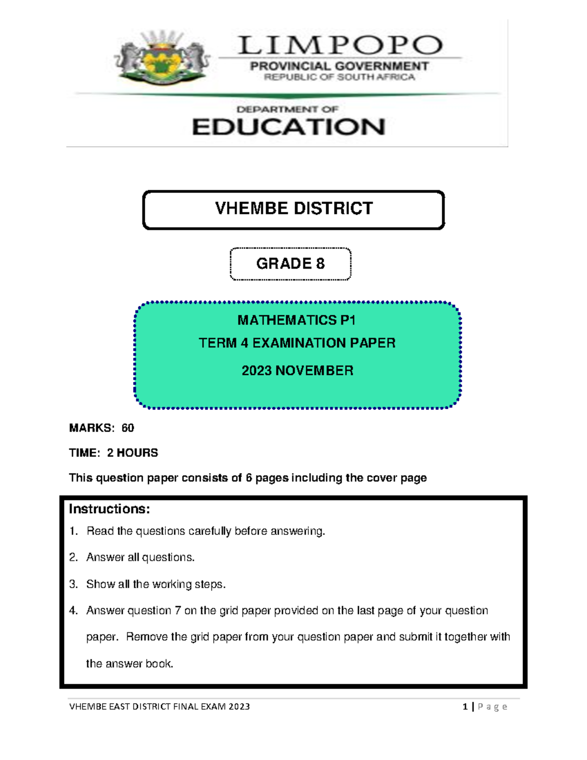 Grade 8 Maths P1 Term 4 Exam Paper - November 2023 - Studocu